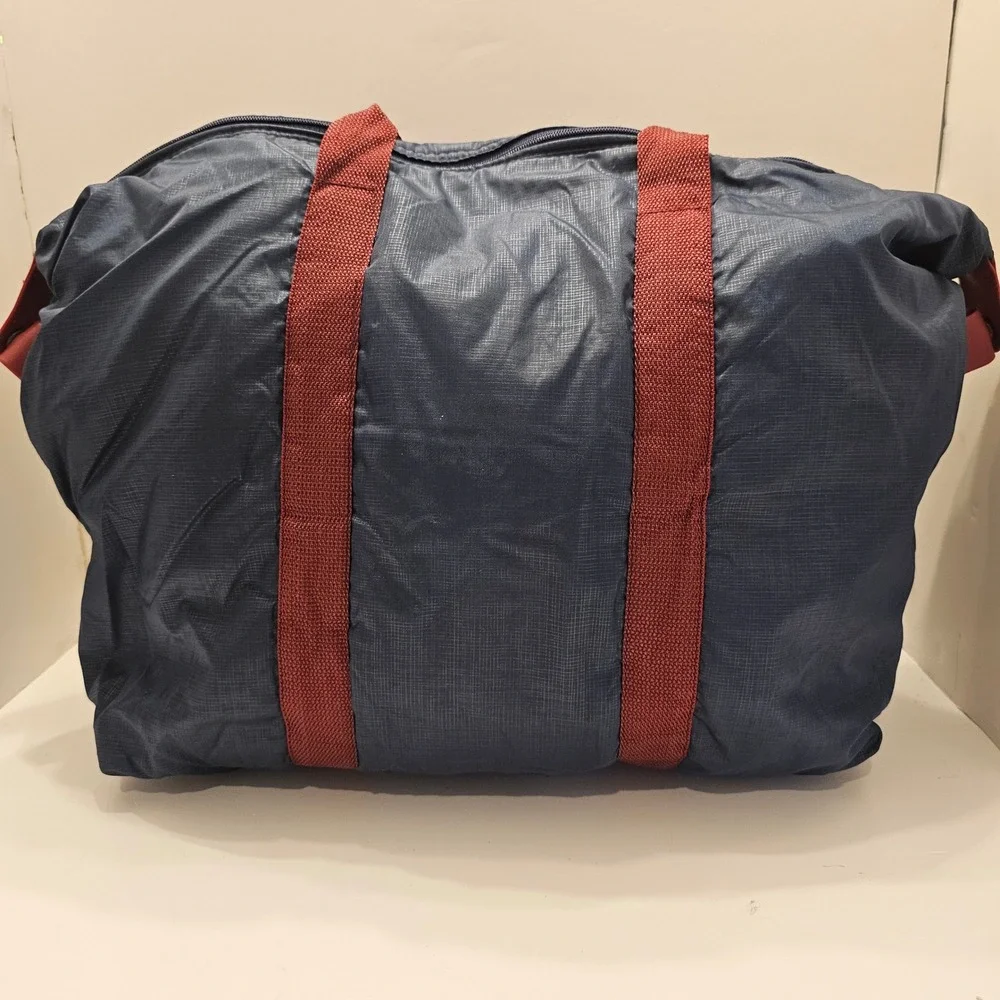 Pierre Cardin Navy Blue Ripstop Nylon Duffel Bag Burgundy Handles Weekend Travel